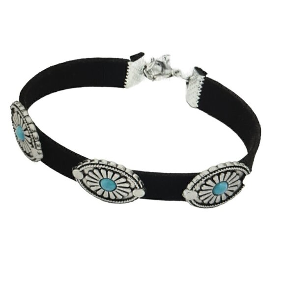 Black Oval PU Leather Inlay Turquoise Bracelet - Picture 2 of 3